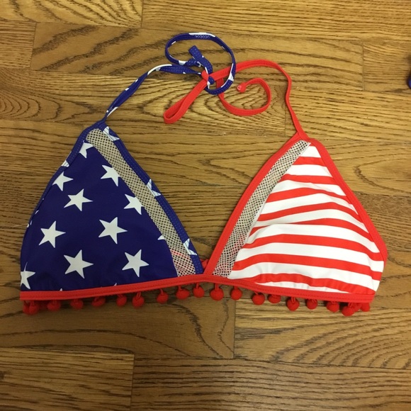 AMERICAN FLAG PRINT POM POM HIGH WAISTED BIKINI WOMENS (NEW) - Picture 3 of 5
